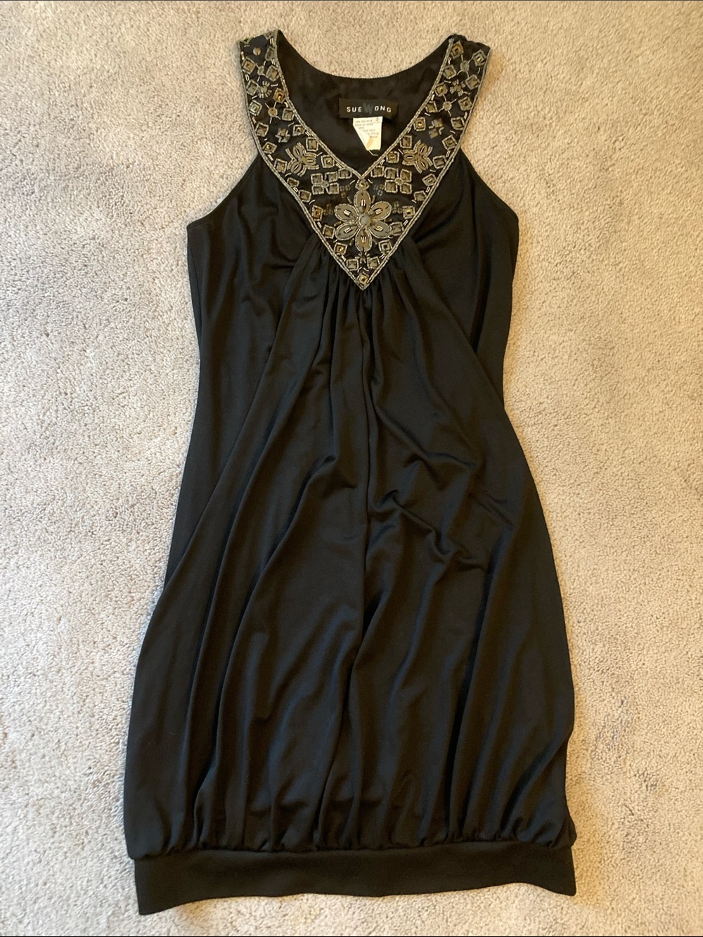 Sue Wong Vintage Black Blouson Mini Dress Beaded V-Neck